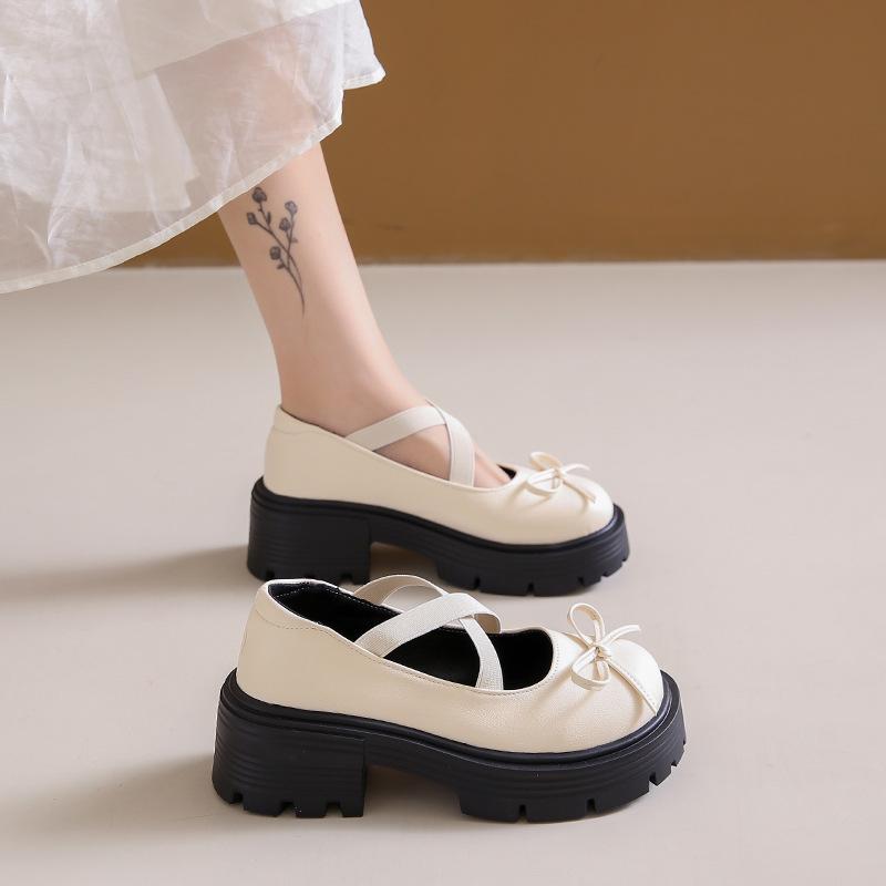 French Mary Jane Shoes Women for Summer Thick Bottom Small Leather Shoes Bowknot with Skirt Chunky High Heeled Shoes Loafers