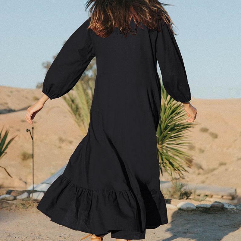 Women's Fashion Spring Fall Solid Color Print Long Sleeve V-Neck Loose Waistline Casual Dresses