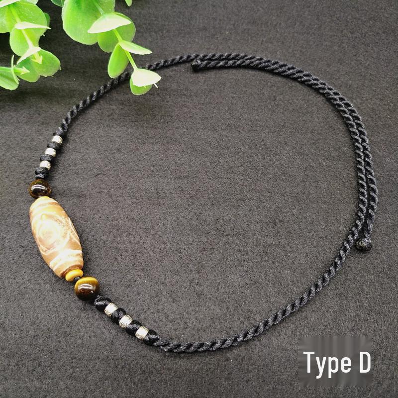 Ethnic Dzi Beads Collarbone Necklace with Three-Eyed Dzi Agate, Tiger Eye Beads, and Tibetan Silver Accessories. Single Strand Design.
