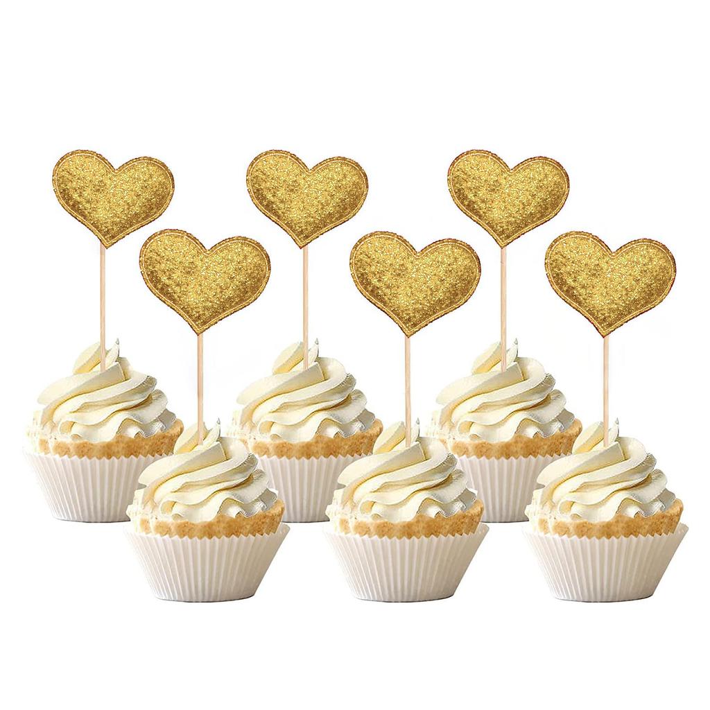 100pcs Glitter Pink Heart Cake Toppers Heart Cupcake Toppers Valentine's Day for Sweet Love Theme Wedding