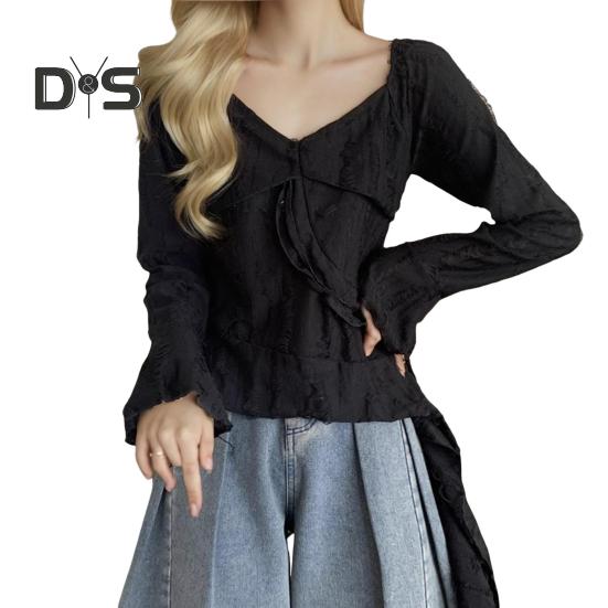 

Женские топы с V-образным вырезом, расклешенные, с длинным рукавом, облегающие футболки, однотонные топы с оборками и неровным подолом, дизайн футболки S чёрный