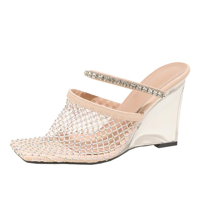 

Мода Liyke Новые Летние Женские Сандалии Стразы Сетка Высокие Каблуки Обувь Элегантный Квадратный Носок Прозрачные Клинья Обувь Туфли Лодочки Шлепанцы 40 абрикосовый