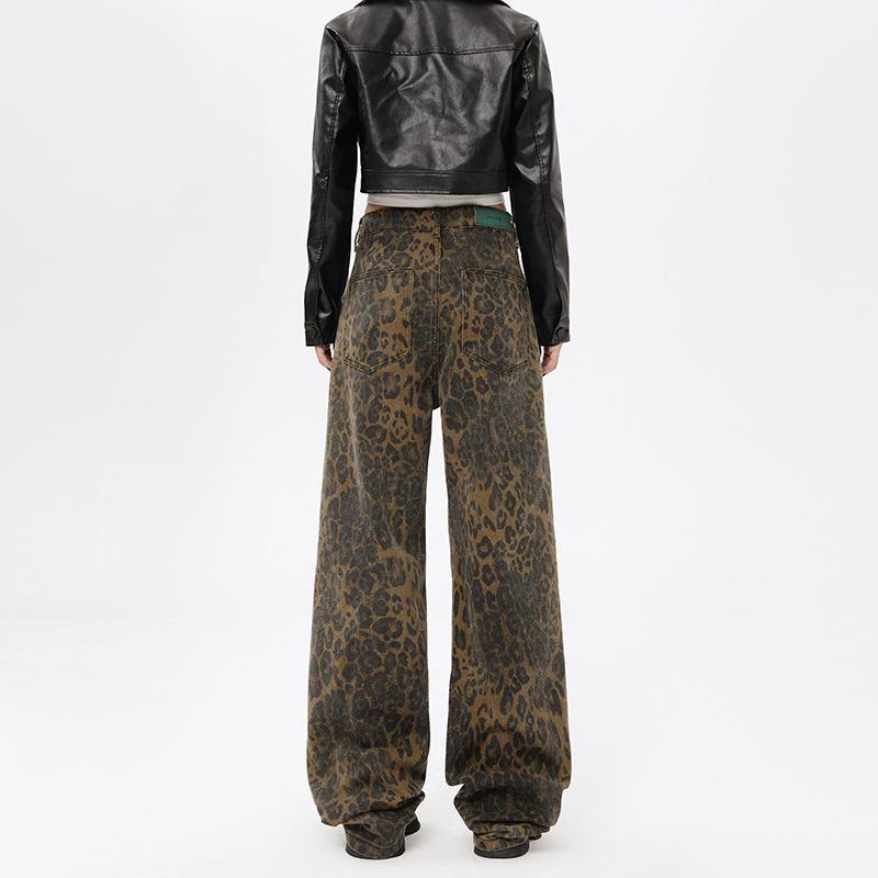 Street Leopard Print Jeans Men's American High Street Niche Design Loose Straight Trousers