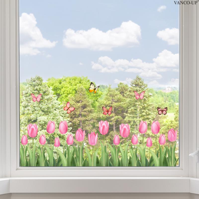 3D Tulip Flower Window Stickers Static Cling Waterproof Floral Decal Windows Decor For Home Bedroom Bathroom Glass Decoration