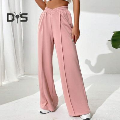 Women Pants V-Shaped Elastic High Waist Straight Wide Leg Long Pants Solid Color Loose Fit Sweatpants Daily Wear