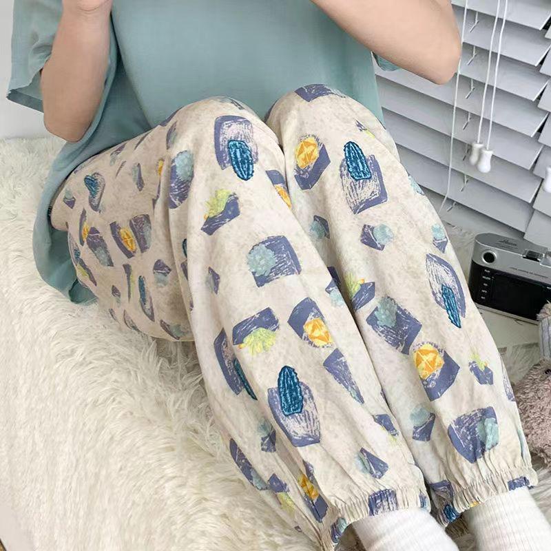 Pantaloni de vară pentru femei, din mătase, din bumbac, anti-țânțari, pentru plajă – pantaloni largi, casual de pijama