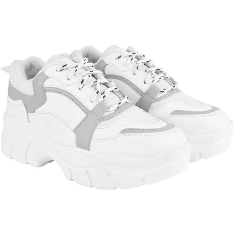 Shoeopia Lace-Up Detail Grey Chunky Sneakers For Women & Girls /Uk3
