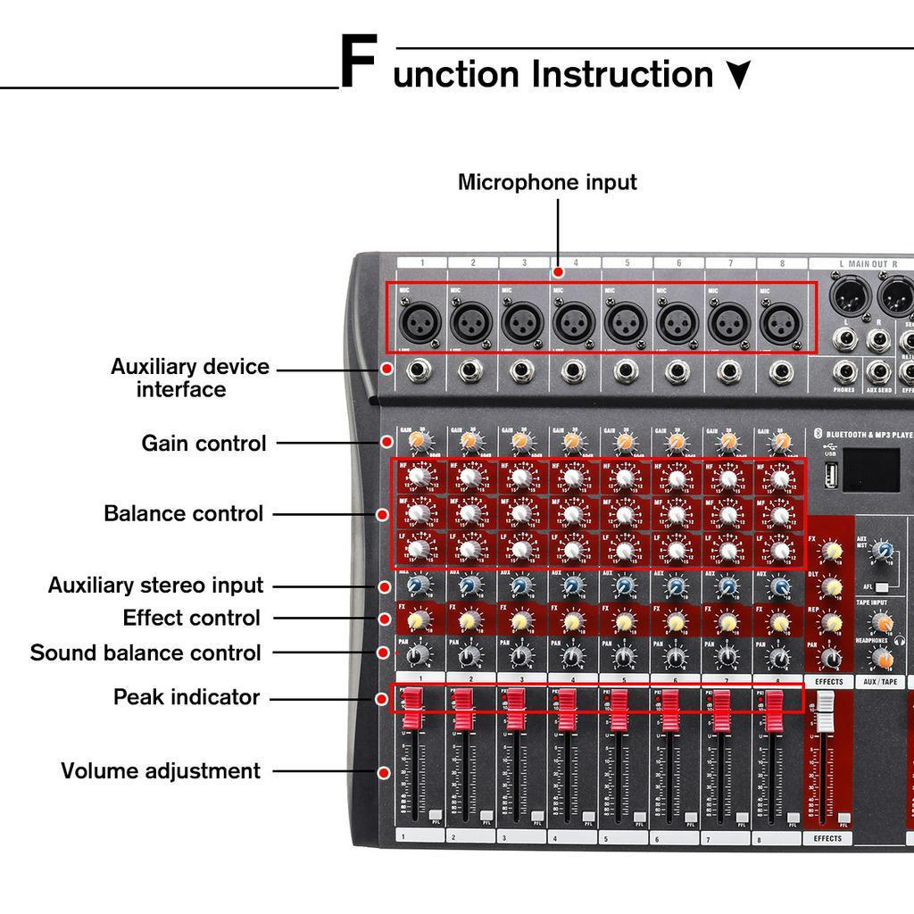 8 Channel Audio Mixer DJ Sound Mixing Console with USB MP3 Jack bluetooth Professional Karaoke Amplifier 48V Phantom Power