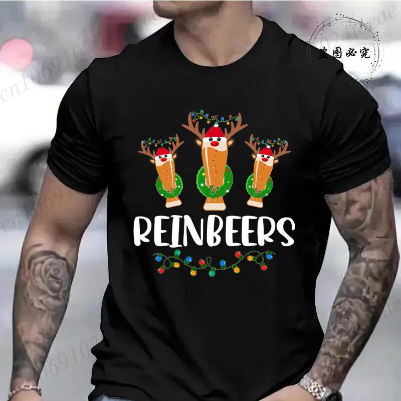 

Cotton Reinbeers Christmas Men s Short Sleeved Print T-Shirts Casual Men T-shirt Merry Christmas Beers Male Tees Festive Drinking Tee XXXL