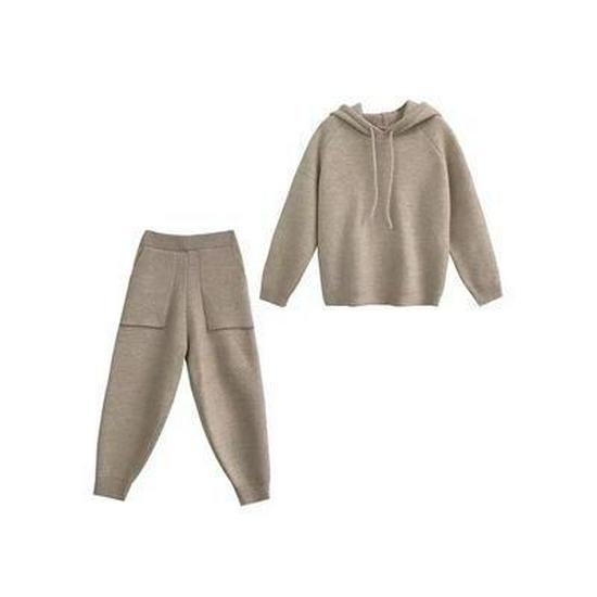 

Женский трикотажный костюм осень/зима 2023 года: Свободный свитер с капюшоном и брюки-морковки Extra Large хаки