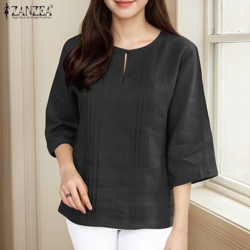 ZANZEA Women Casual Round Neck Solid Color 3/4 Sleeve Loose Blouse