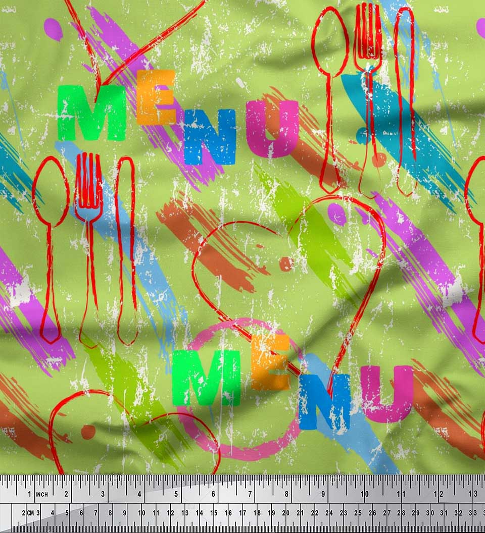 

Японська креп-атласна тканина Soimoi Heart, Fork & Spoon Kitchen Print Тканина на метр 42 дюйма 42 Inch Wide - Poly Crepe зелений