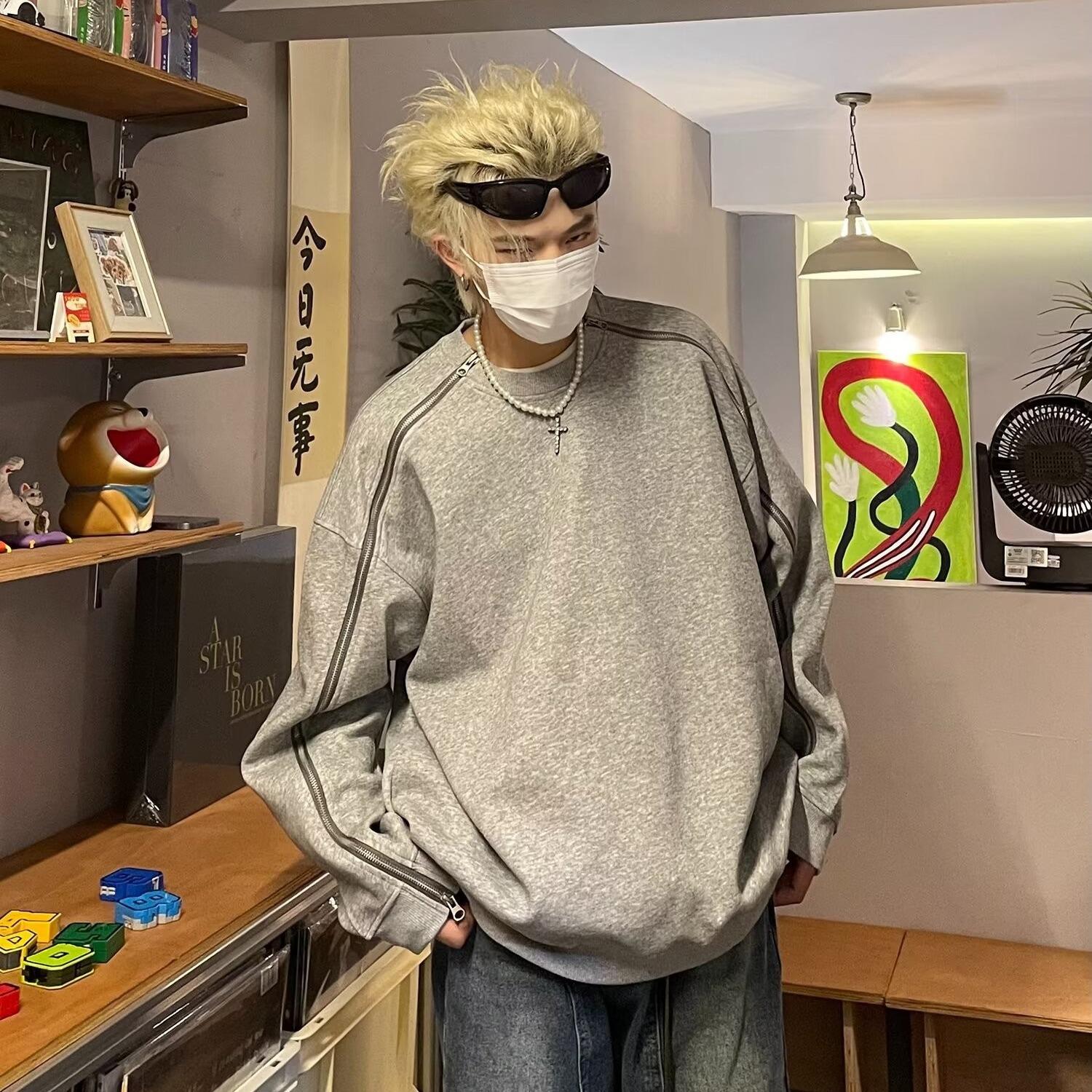 

Свитер серого цвета с двойной молнией, мужской, весенне-осенний, нишевый дизайн, тяжелая куртка без капюшона, свободный повседневный топ 3XL серый