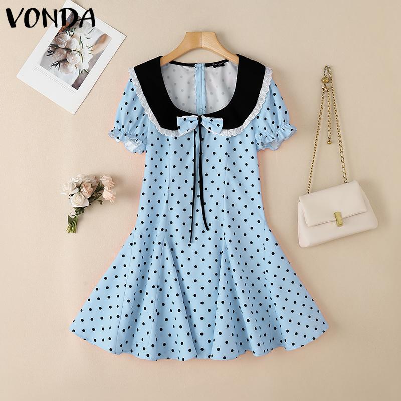 VONDA Summer Women Lapel Neck Short Sleeve Lace Hem Bow Knot Polka Dots Ruffled Mini Dress
