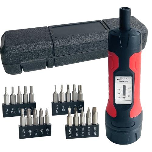 Socpuro Preset Torque Wrench, 6.35mm Drive, 1-7 Nm (0-65 in.lbs), 20-Piece Set of Driver Bits, Torque Setting, Overtorque Prevention, Auto-Lock