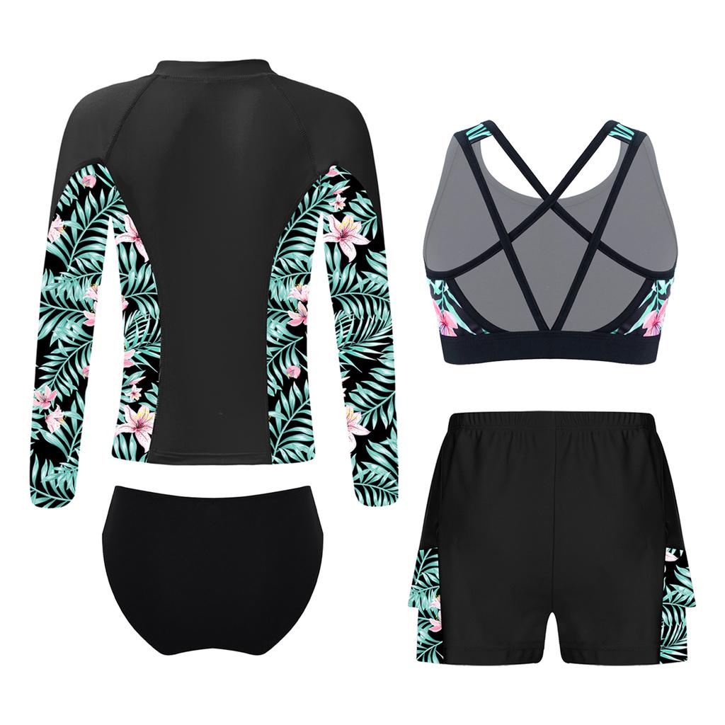 Zestaw Kąpielowy dla Dziewcząt 4-częściowy Top z Długim Rękawem na Zamek, Tank Top, Dół Kąpielowy, Szorty z Falbankami, Ochrona przed Słońcem