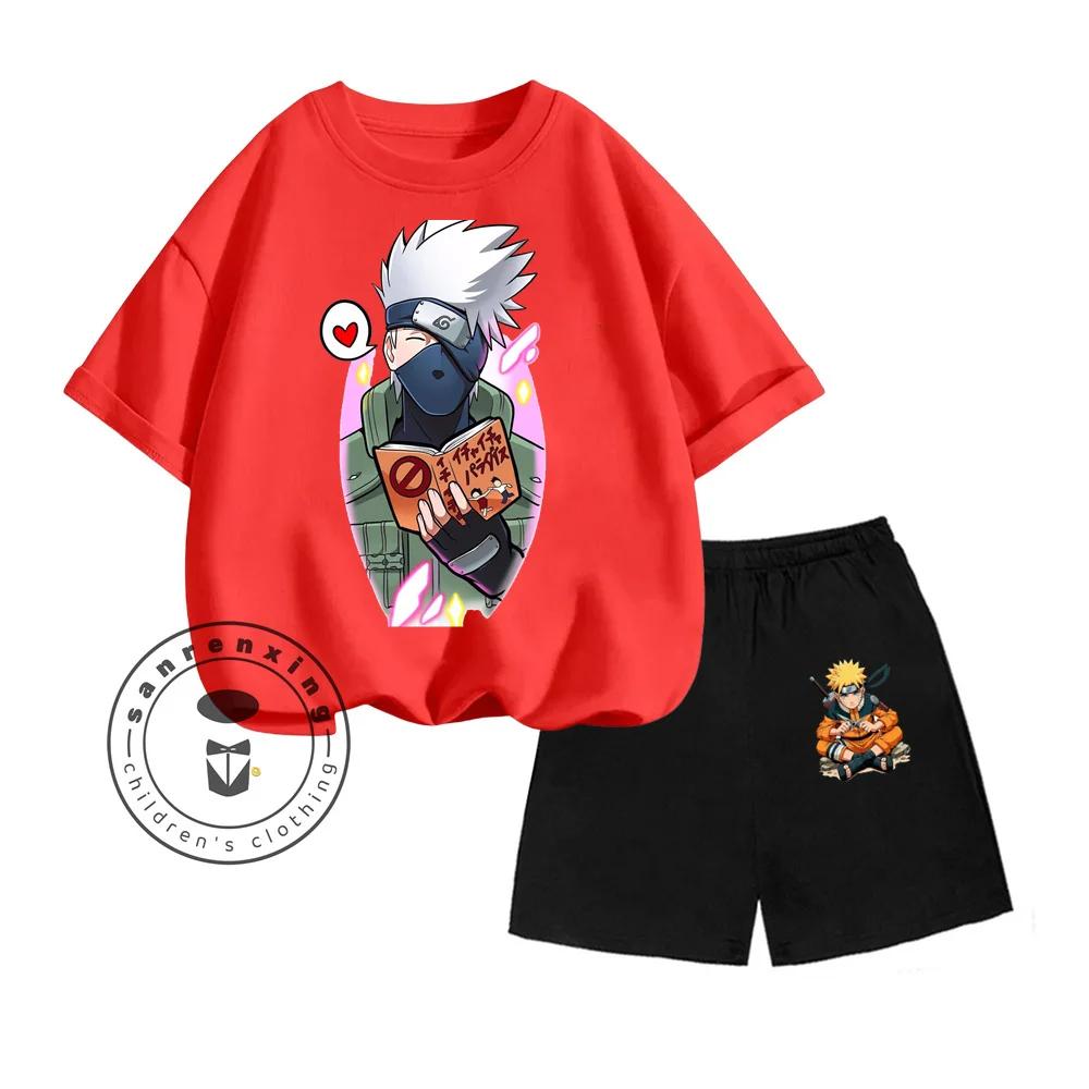 Unique NARUTO Animated Cartoon Character Vertical Print Design O-neck Skin-friendly Short Sleeve and Shorts Kids Two-piece Set