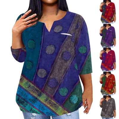 Women's Fashionable Casual Three Quarter Sleeve Printed V Neck Pullover 4/3 Sleeve Top