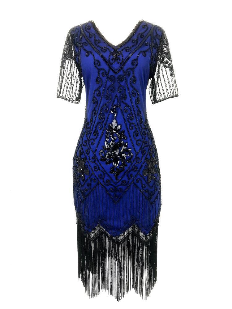 European & American 1920s Vintage Sequin Beaded Tassel Plus Size Evening Party Dress