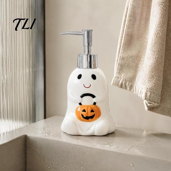 Ceramic Liquid Soap Container Halloween Ghost Dispenser, with Stainless Steel Pump, Pumpkin Refillable Countertop Dispenser Hand Container,