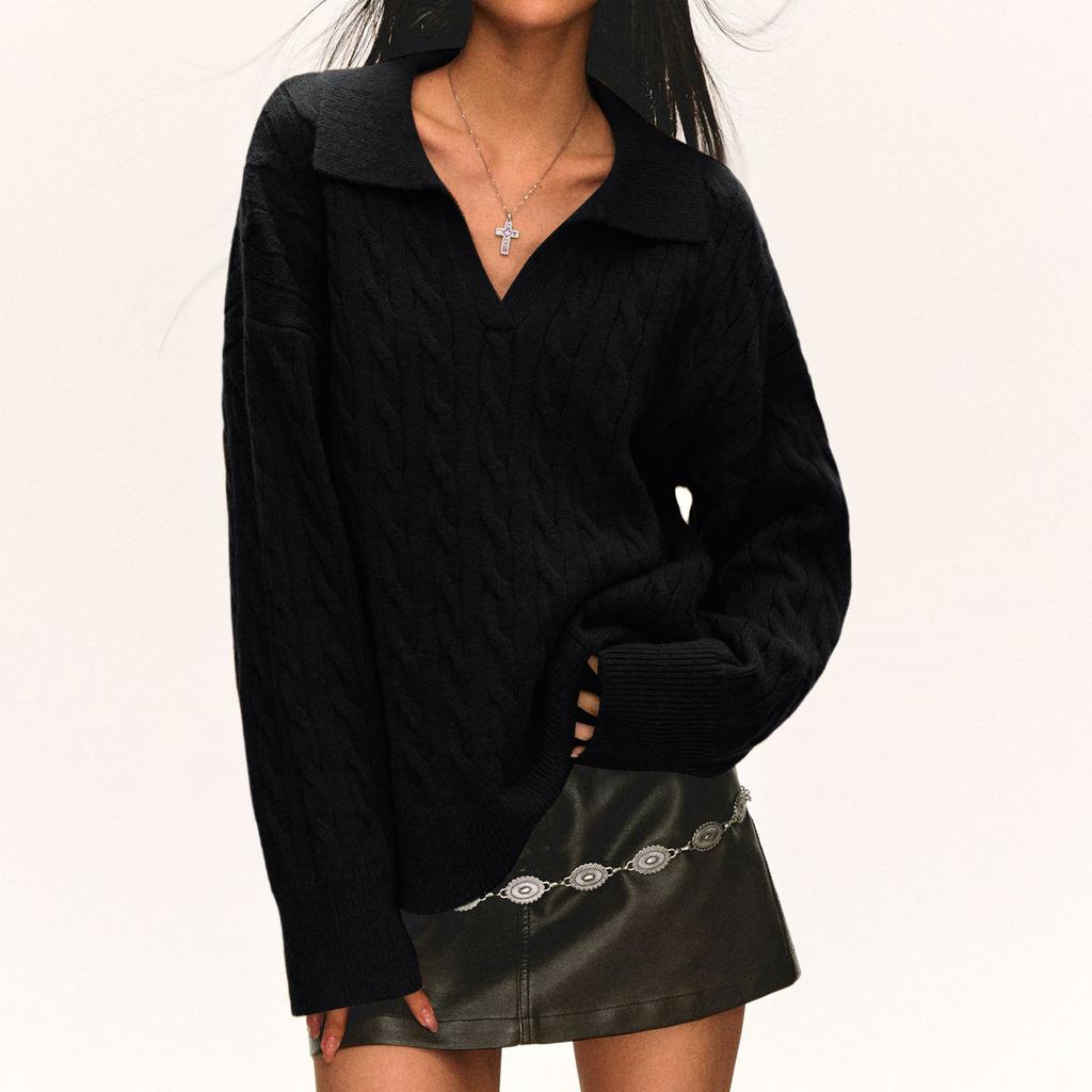 Women's Fashion Casual Loose Lazy Style Cable Lapel  Pullover Long Sleeve Knit Sweater