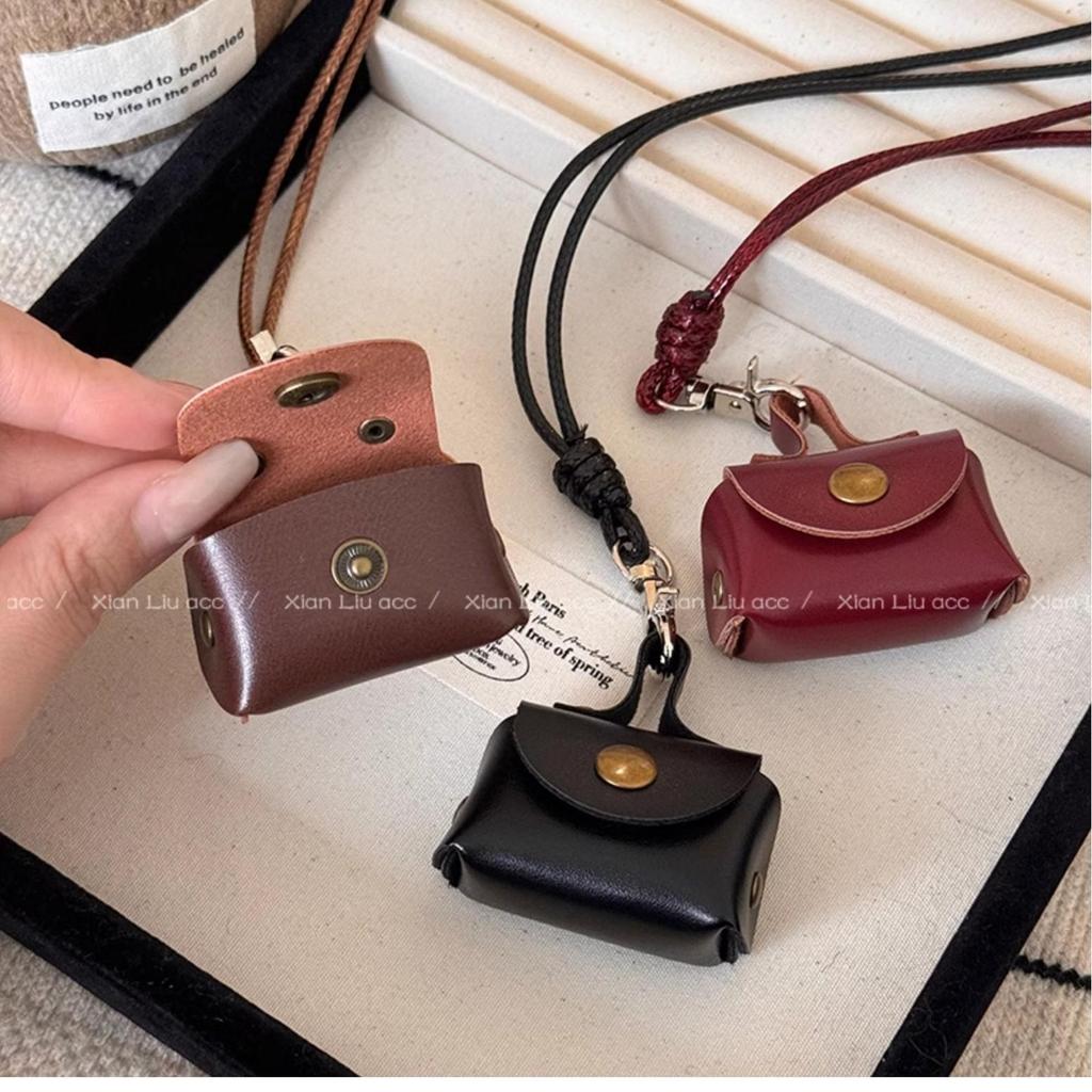 Compact Leather Coin Purse Necklace - Women's Pendant Earphone Case with Sweater Chain Accessory, Stylish Long Leather Cord Storage Bag.
