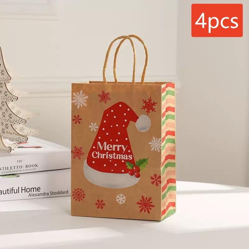 4-Pack Small Christmas Gift Bags, Red Christmas Tree, Santa Hat, Portable Kraft Paper Bags, Party Bakery Store Gift Packaging