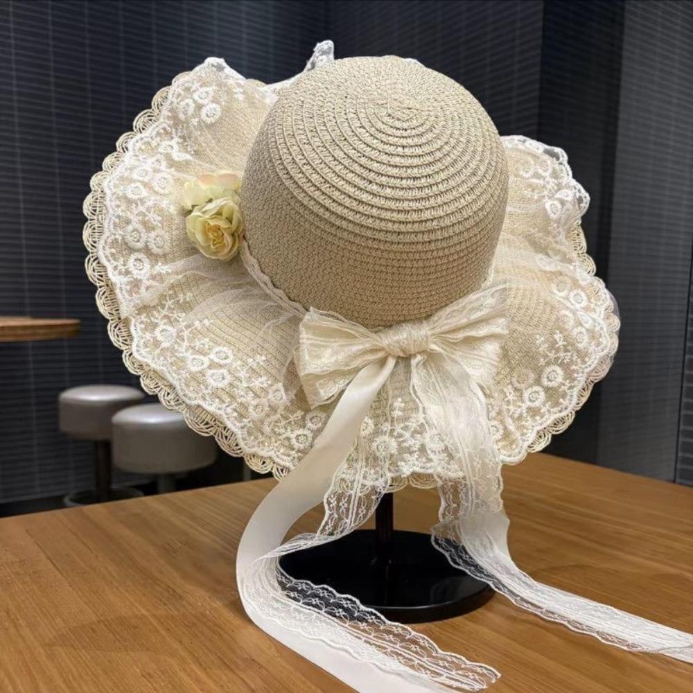 Fashion Lace Bow Sun Hat Adjustable Lace Ruffle Wide Brim Hat Breathable Straw Fisherman Cap Sun Protection