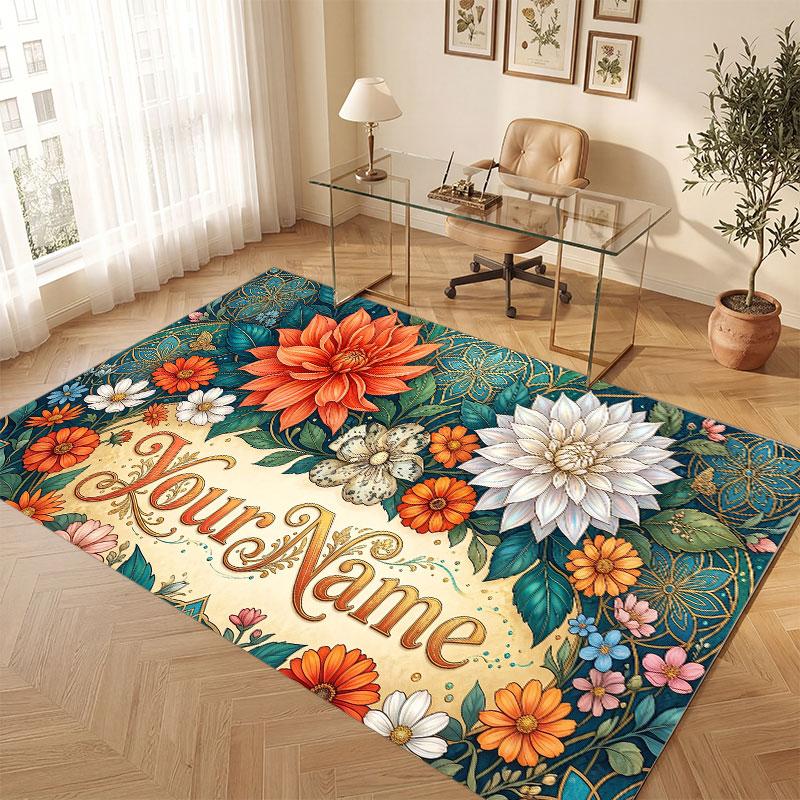 Floral Garden Theme Crystal Velvet Floor Rug Personalized Custom Name Text Warm Carpet Home Decoration