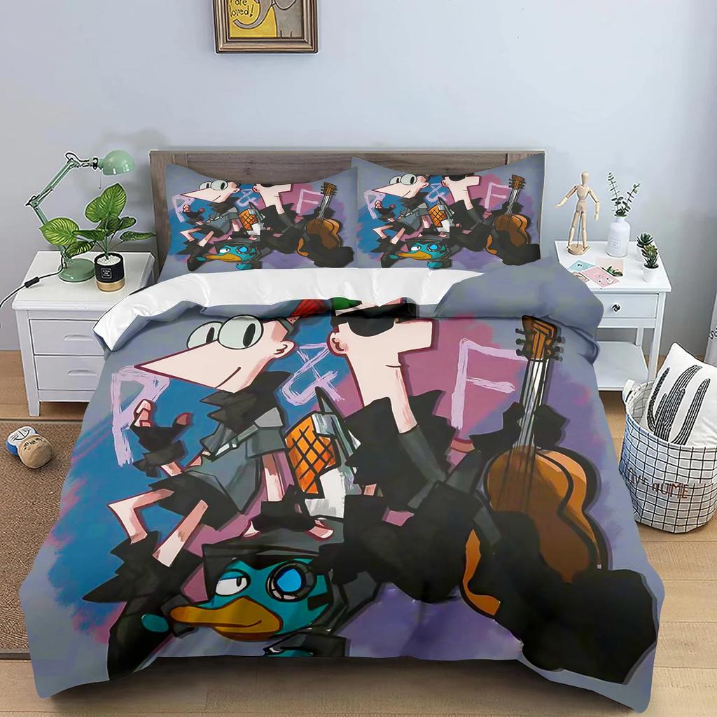 Phineas a Ferb Povlak na přikrývku, Kreslený potisk Polyesterová přikrývka do dětské ložnice, Anime, Útulné ložní prádlo do pokoje, Různé velikosti
