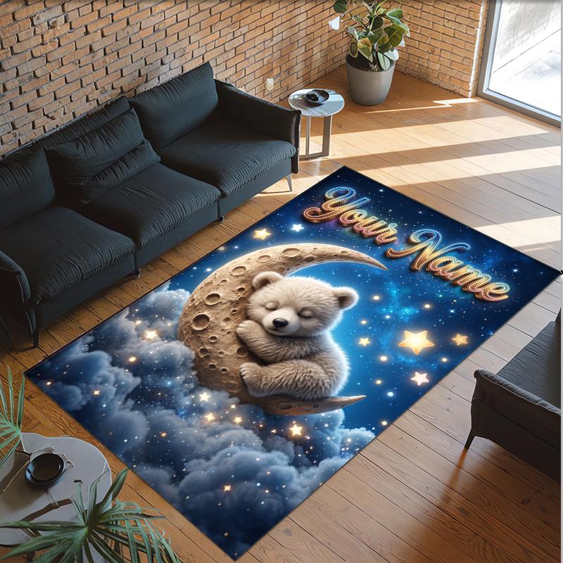 Teddy Bear Theme Crystal Velvet Rug Personalized Custom Name Text Soft Floor Mat Home Decor