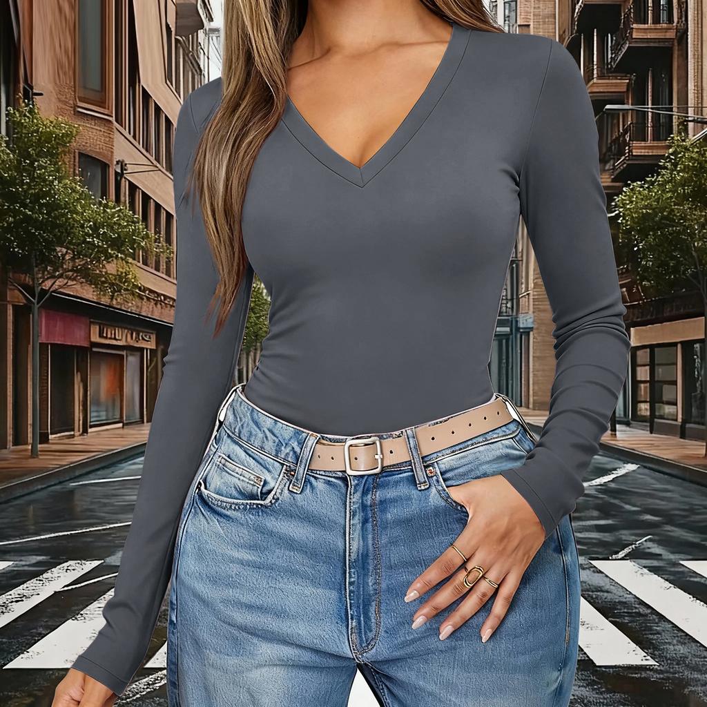 Women's Color V,Neck Slim,Fit Long,Sleeve Top