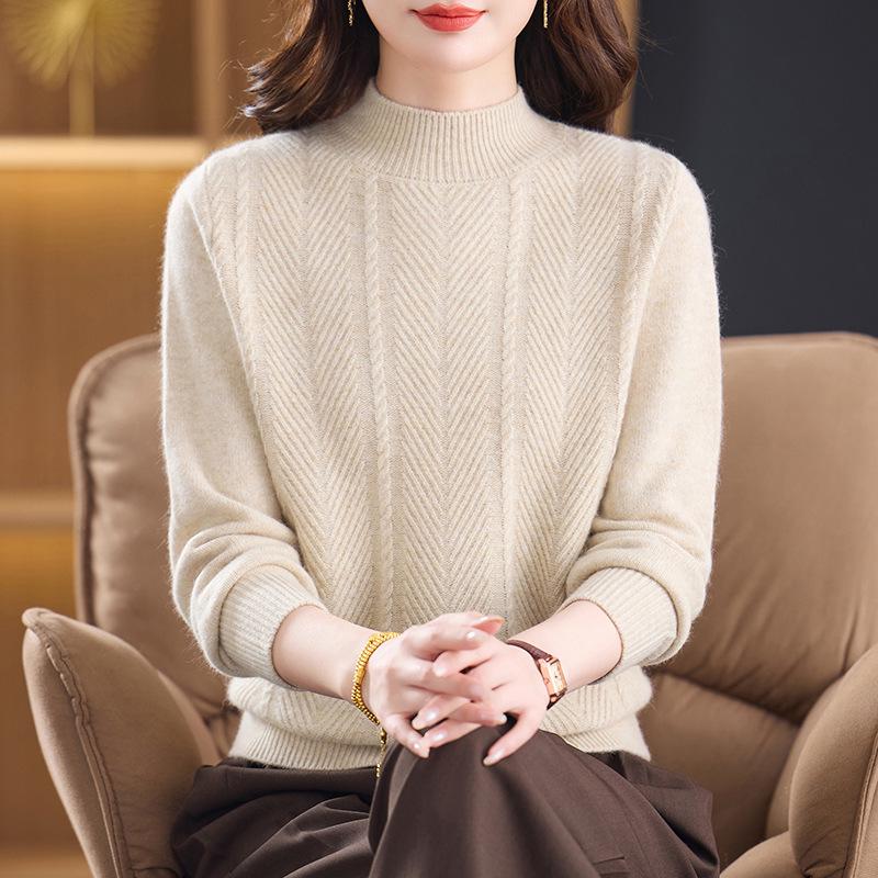 Women's Pure Wool Sweater - Thick Knit, Half-High Collar, Autumn/Winter Style for Middle-Aged & Elderly.