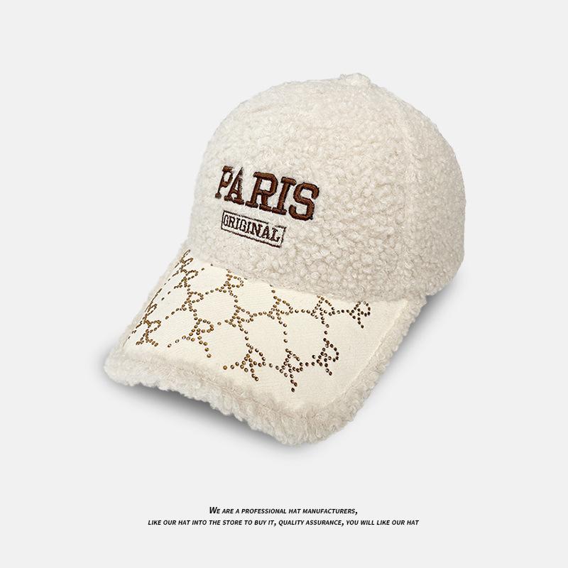 Kapelusz Damski Dżetowy Haftowany Barankowy Aksamit Czapka Baseballowa Zimowa Moda Wszechstronna Odkrywająca Twarz Mała Ciepła Czapka na Dużą Głowę