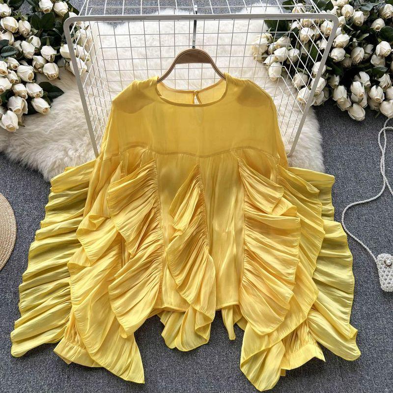 

Asymmetrical Ruffles Long Sleeves Loose Chiffon Shirt Yellow One size