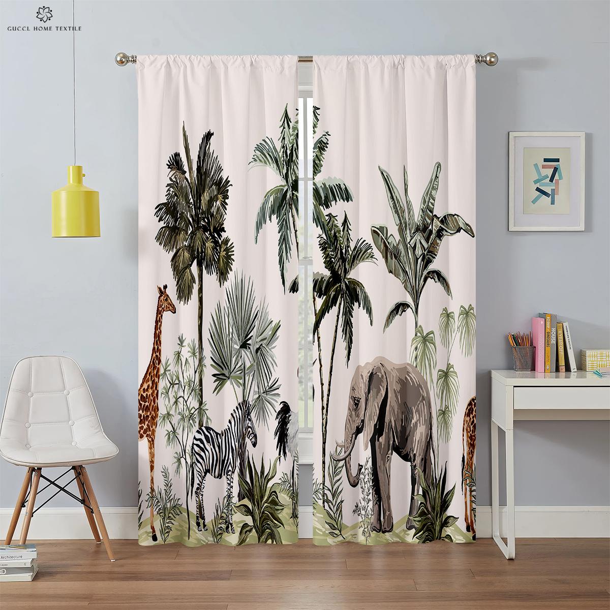 

Зеленые шторы с принтом растений и животных, тропический узор, декоративный карман для оконной штанги, спальня, гостиная, украшение для кухни W50xH130(CM)x2PCS&Grommet Top