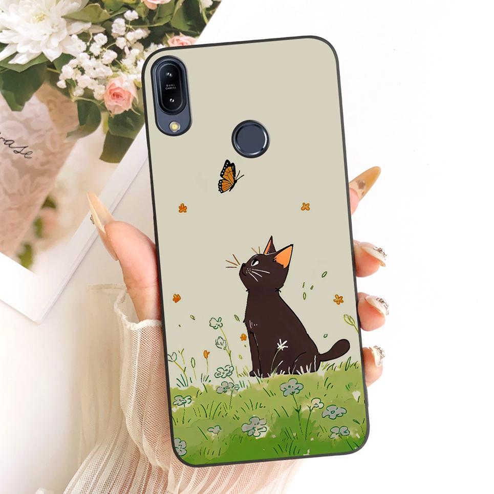 Per ASUS ZENFONE MAX PRO M2 ZB633KL ZB631 KL ZB630KL Custodia per Telefono Gatto Cartone Animato Fiore Farfalla Cover Nera in Morbido Silicone