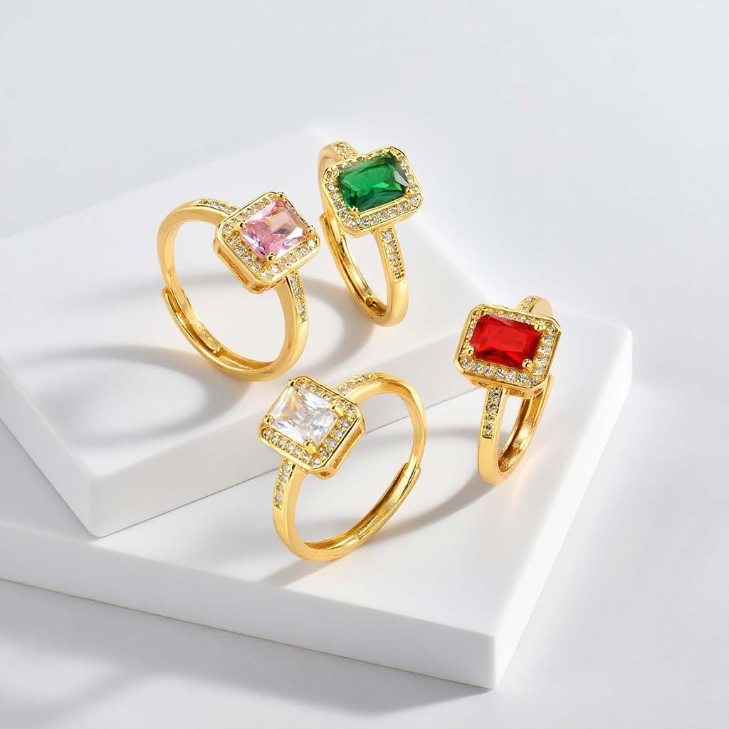 Luxurious Rectangular Zircon Ring for Women,Gold Plated Simple Big Rings Adjustable,Fashion Wedding Party Jewelry Gift