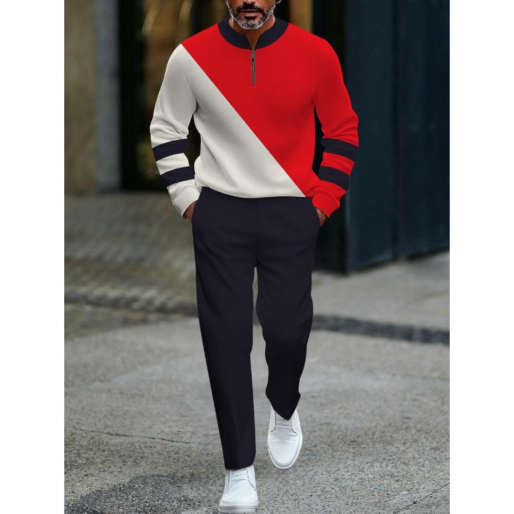 Frühling Herbst Mode Streetwear Herren Langarm Halbreißverschluss Stehkragen Lässige Sportbekleidung Herrenbekleidung Zweiteiliges Set