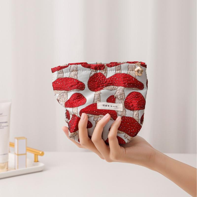 Retro Artistic Mushroom Jacquard Fabric Makeup Bag, Women'S Clutch Bag, Zippered Square Bag, Toiletry Bag