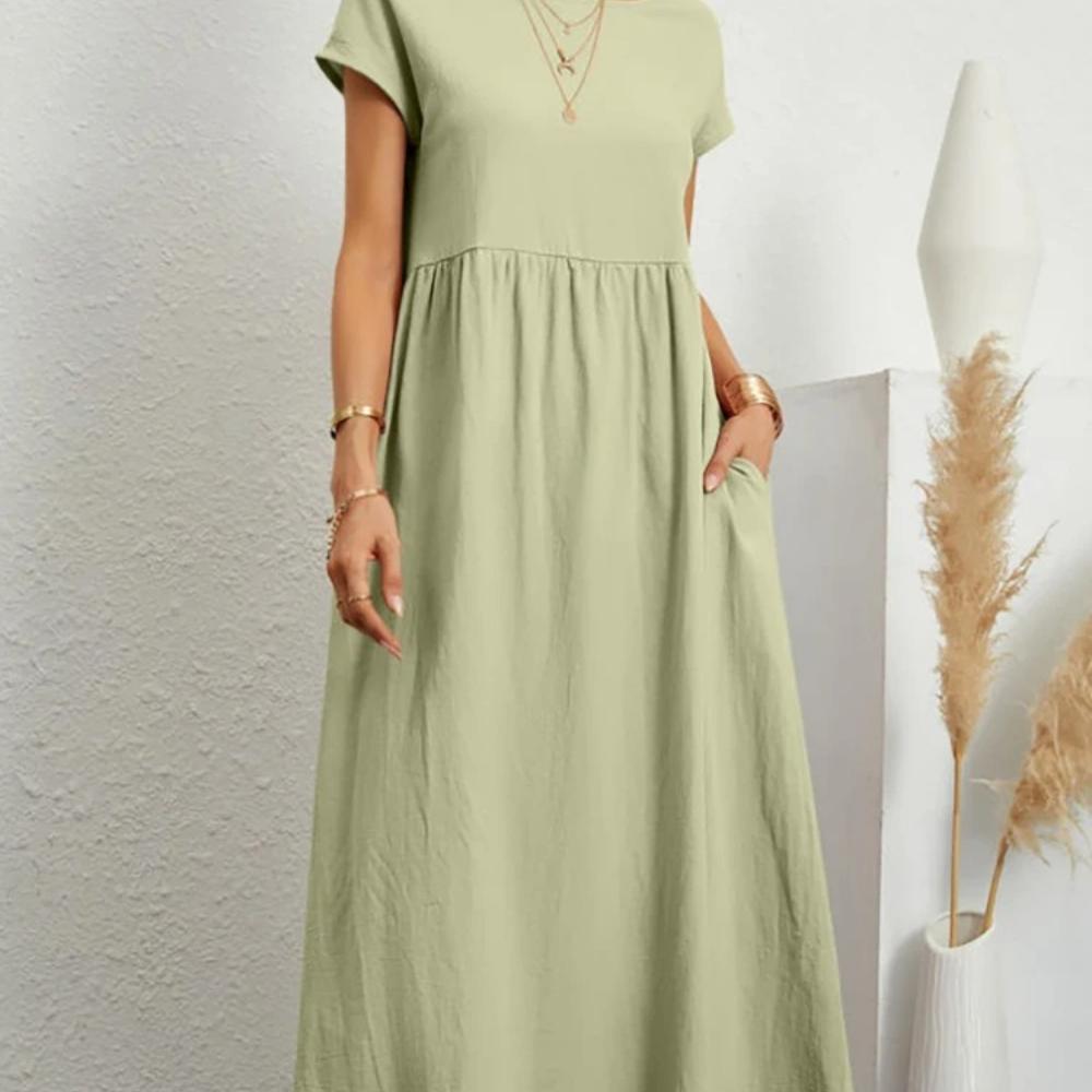 Women Elegant Solid Maxi Dress Summer Short Sleeve O Neck Vintage Harajuku Cotton Linen Loose Sundress Y2K Pockets Long Dress