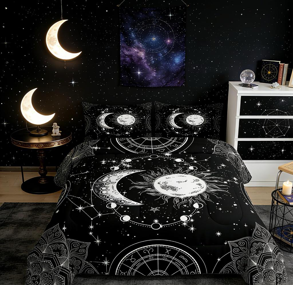 Sun and Moon Bedding Set Constellation Galaxy Comforter for Kids Boys Girls Teens Psychedelic Boho Mandala Comforter Breathable Celestial Du
