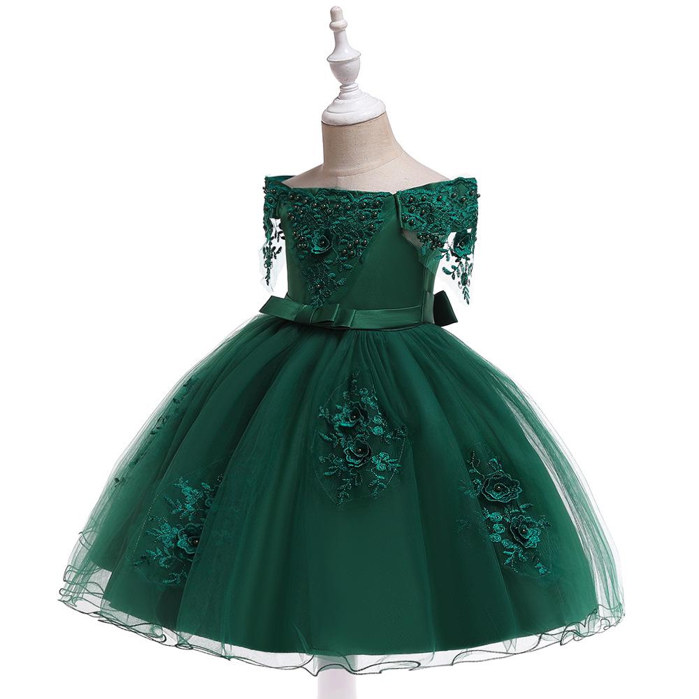 2024 One-Shoulder Puffy Princess Dress with Mesh Embroidery and Pearls for Girls