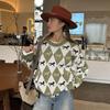 Contrast Jacquard Round Neck Sweater Women's Fashion All-match Green Sweater Diamond Style Sweater Women's Soft Skin-friendly Pullover