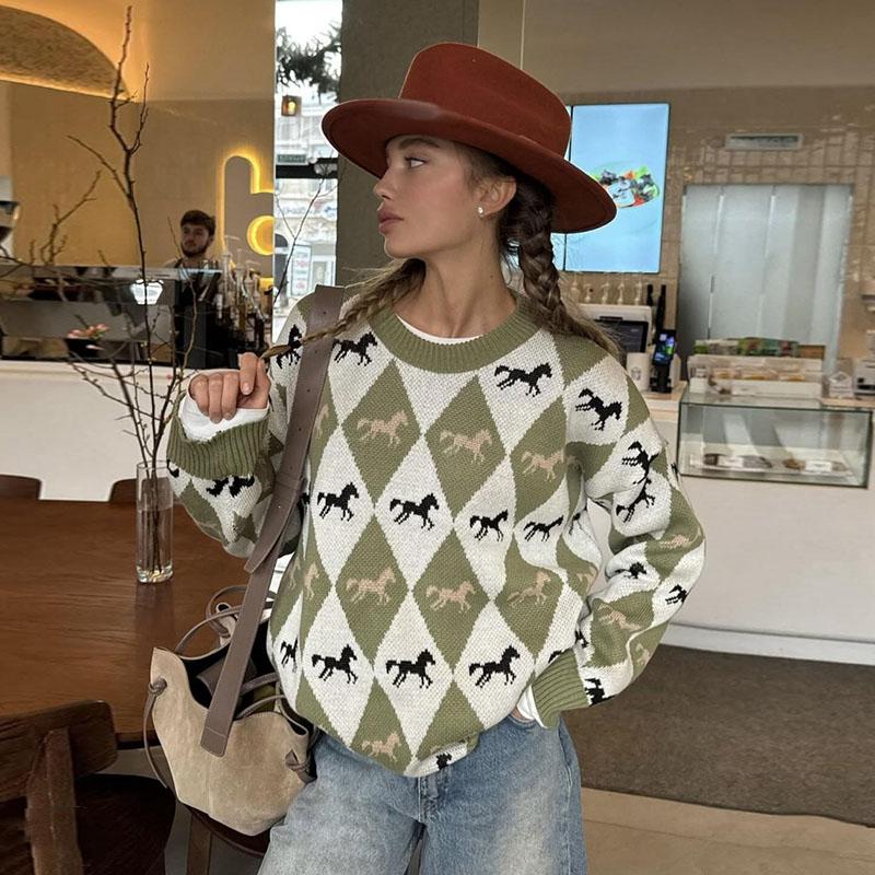 Contrast Jacquard Round Neck Sweater Women's Fashion All-match Green Sweater Diamond Style Sweater Women's Soft Skin-friendly Pullover