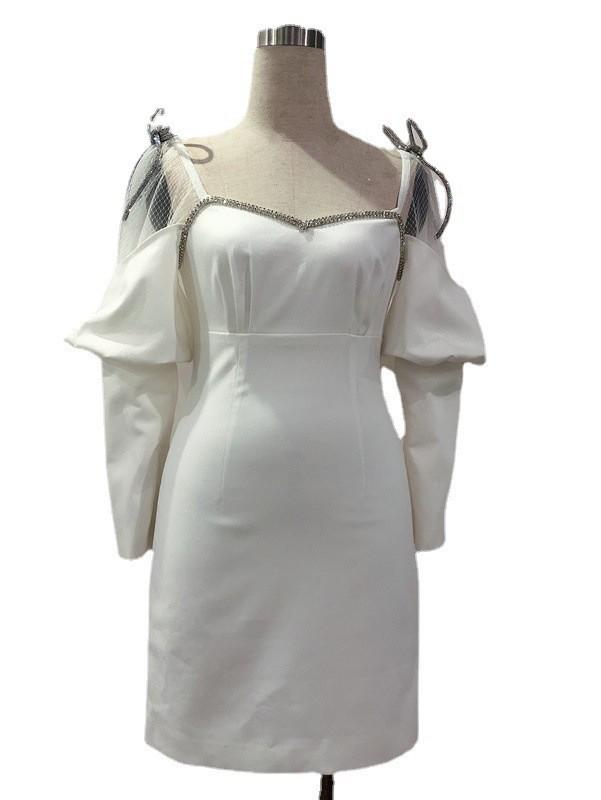 2021 Autumn Light Blue Long-Sleeved Bow Diamond Party Dress