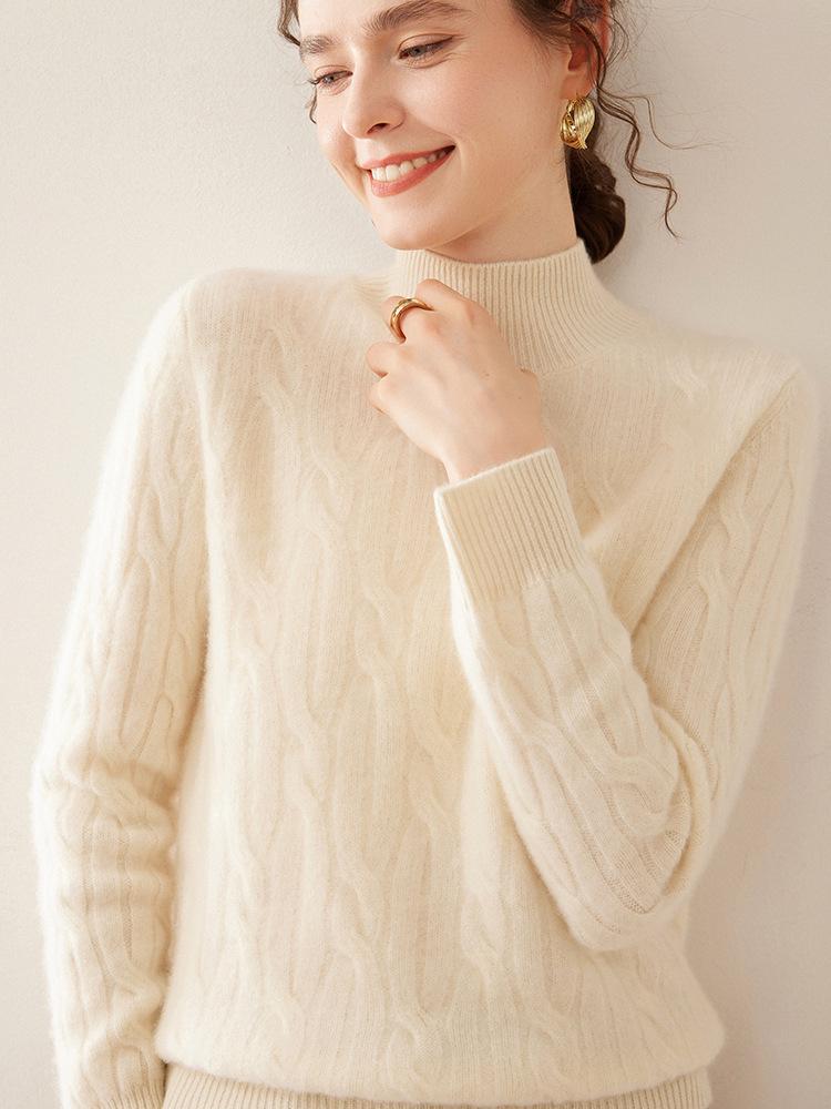 Women's Cashmere Cable Knit Sweater: Autumn/Winter Long Sleeve, Loose Fit, Half-High Neck, Thick and Warm Base Layer.