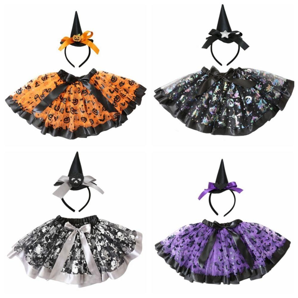 2 Pcs/Set Pumpkin Children Short Dress Bow Halloween Kids Dress Soft Tulle Skirt Headband  Party