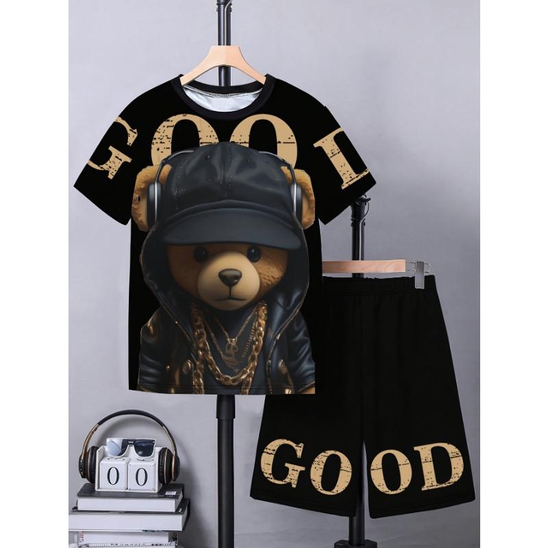 Summer 2025 new 3D cartoon bear print casual fashionable soft comfortable lightweight and breathable children s set 110