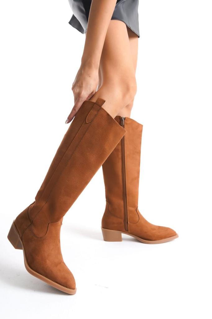 Women Modern Stylish Fashion Boots Faux Leather Suede Pointed Toe Zippered Knee High Tan Suede Boots
